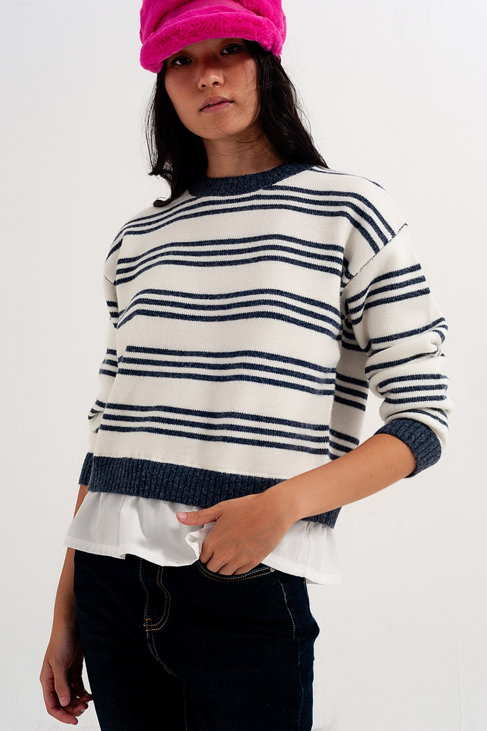 Striped long sleeved sweater in white Q2 Sweaters BoutiqueLua