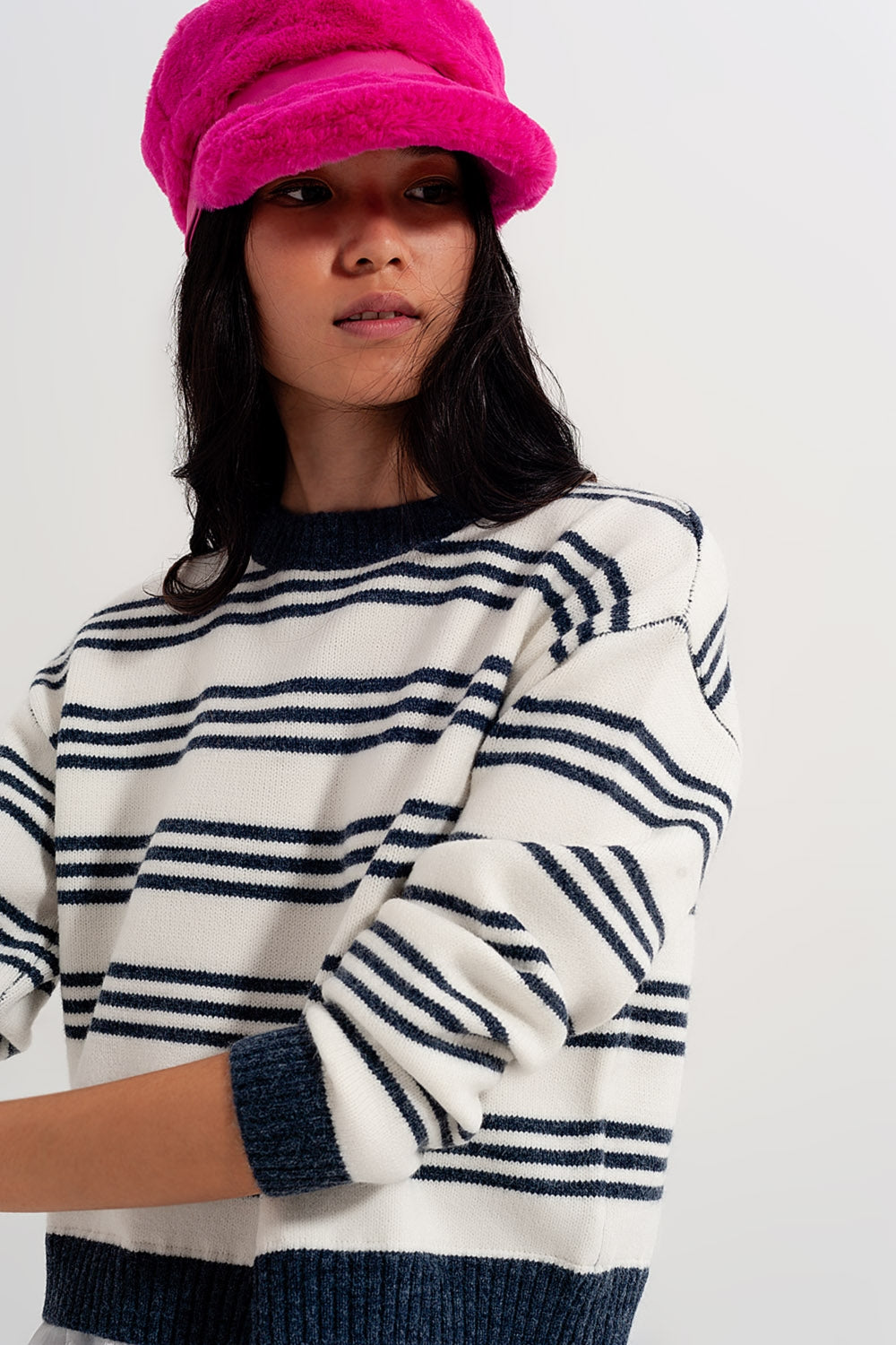 Striped long sleeved sweater in white Q2 Sweaters BoutiqueLua