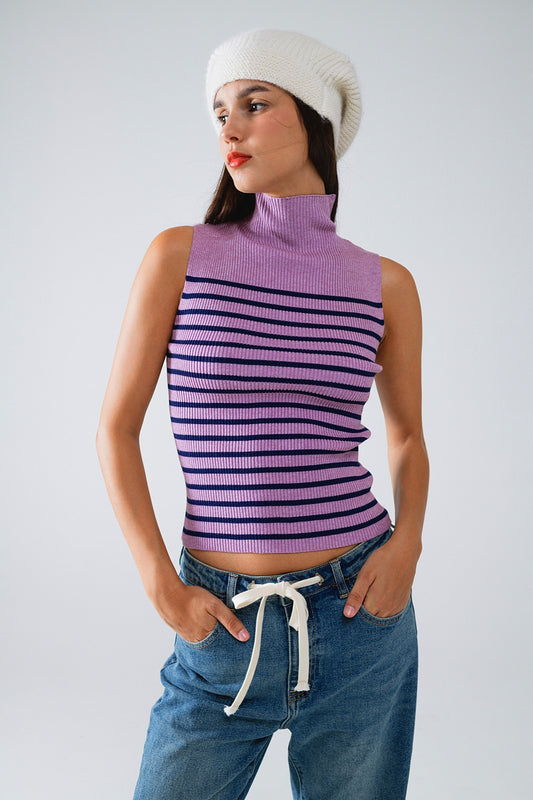 Q2 Striped Turtle Neck Tank Top In Lavander