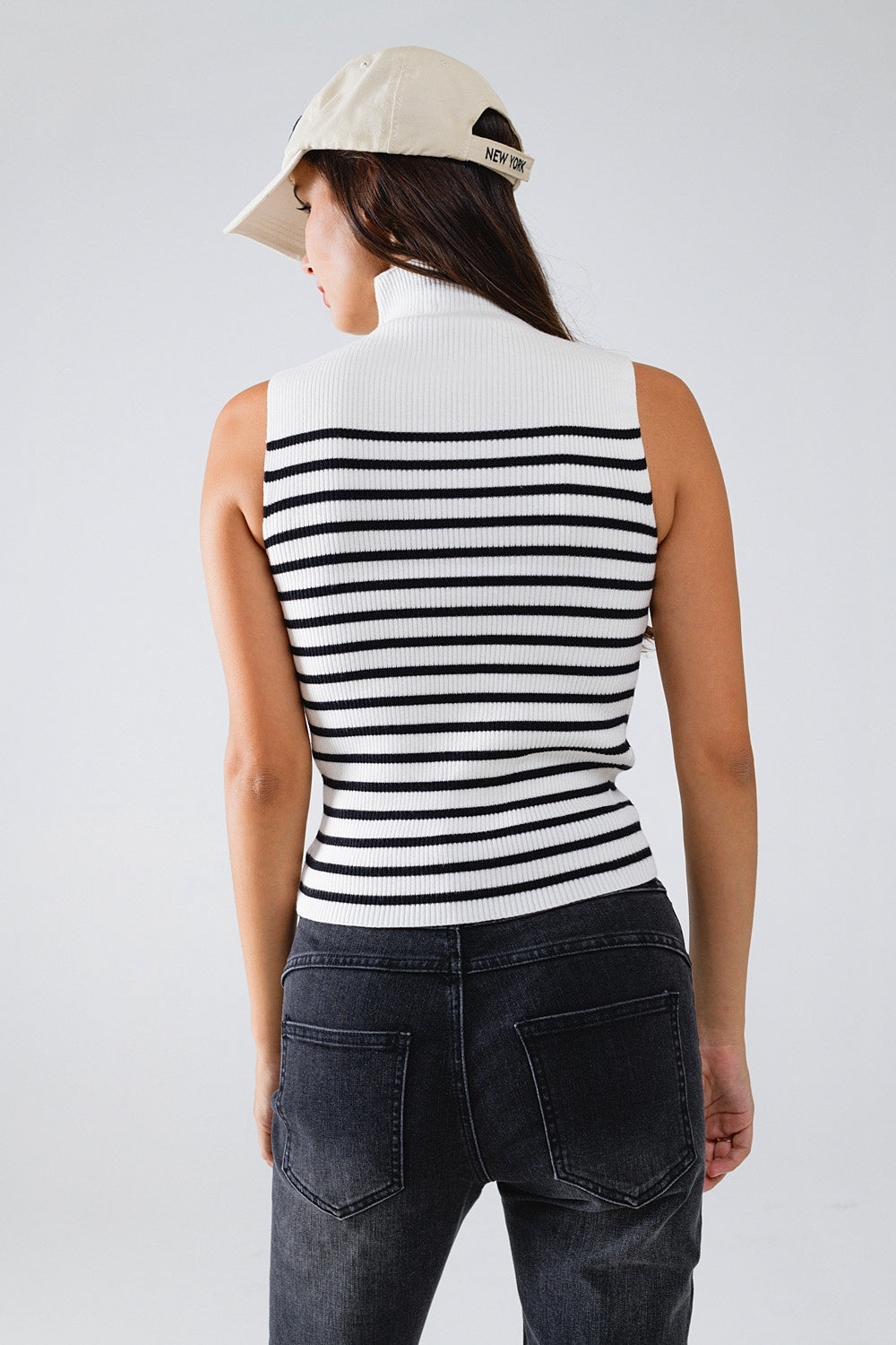 Striped Turtle Neck Tank Top In White Q2 Sweaters BoutiqueLua