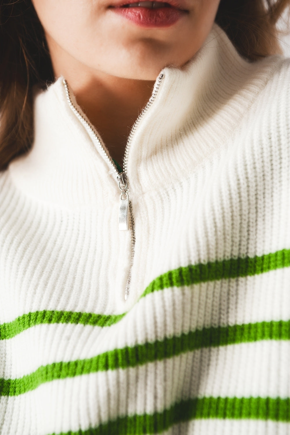 Striped zip up collar detail sweater in green Q2 Sweaters BoutiqueLua