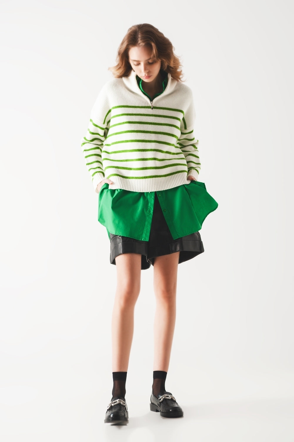 Striped zip up collar detail sweater in green Q2 Sweaters BoutiqueLua