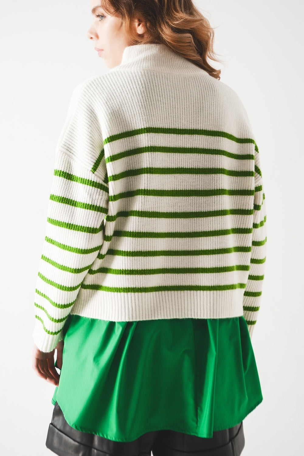 Striped zip up collar detail sweater in green Q2 Sweaters BoutiqueLua