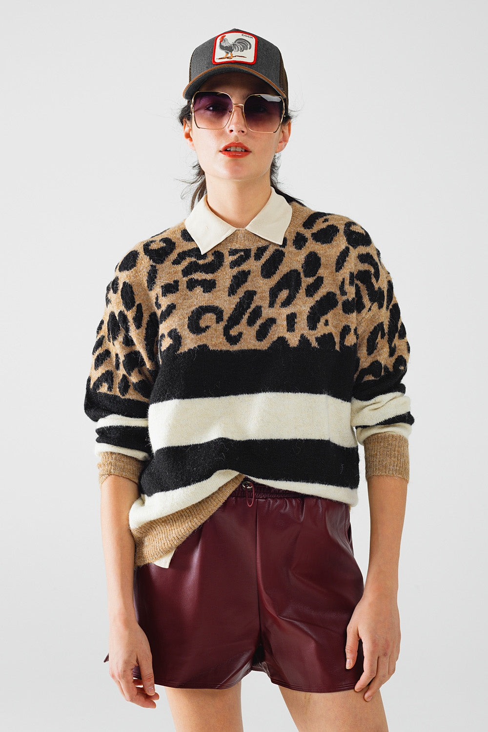 Q2 stylish knitted panther print sweater with black and white stripes