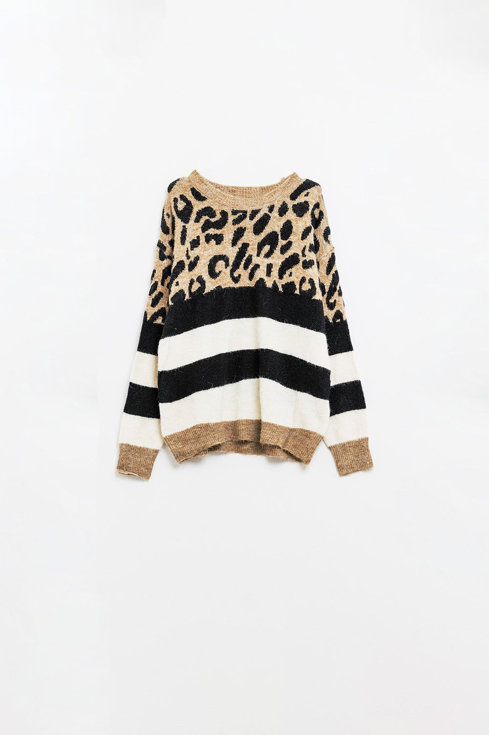 stylish knitted panther print sweater with black and white stripes