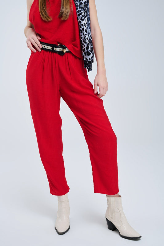 Q2 Summery Pants With Elastic Waist and Pockets In Red