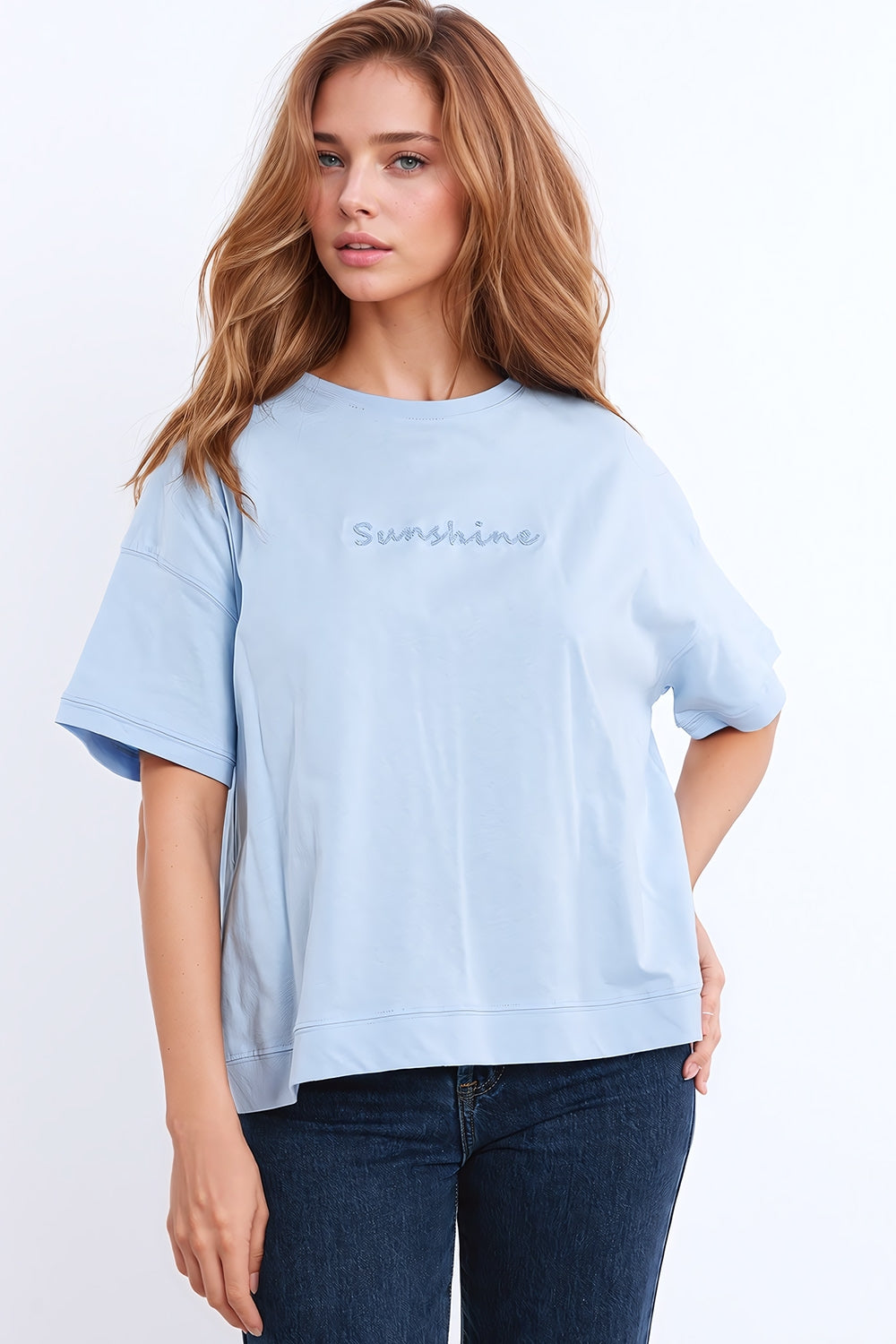 Sunshine Oversized T-shirt With Textured Text At The Front In Blue Q2 Tops BoutiqueLua