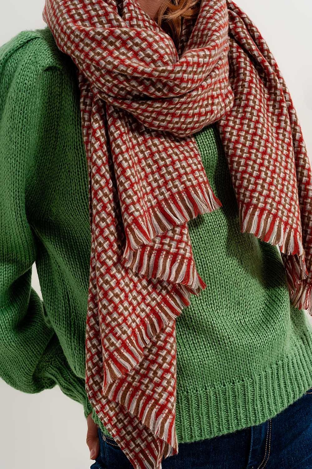 Super soft red scarf with geometric print Q2 Necklaces BoutiqueLua