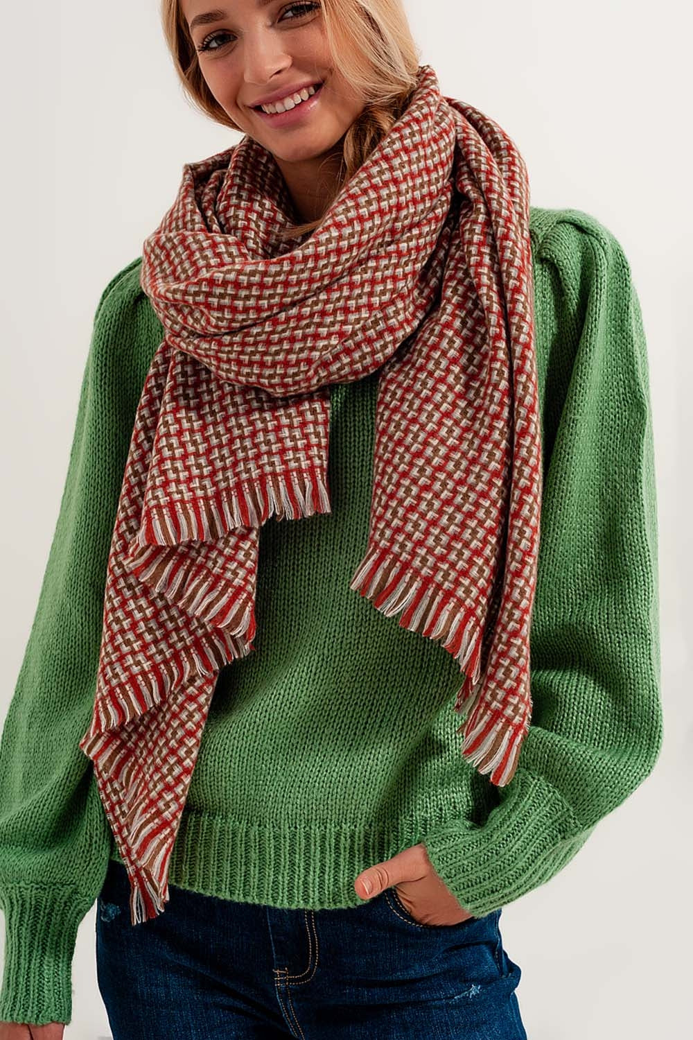 Super soft red scarf with geometric print Q2 Necklaces BoutiqueLua