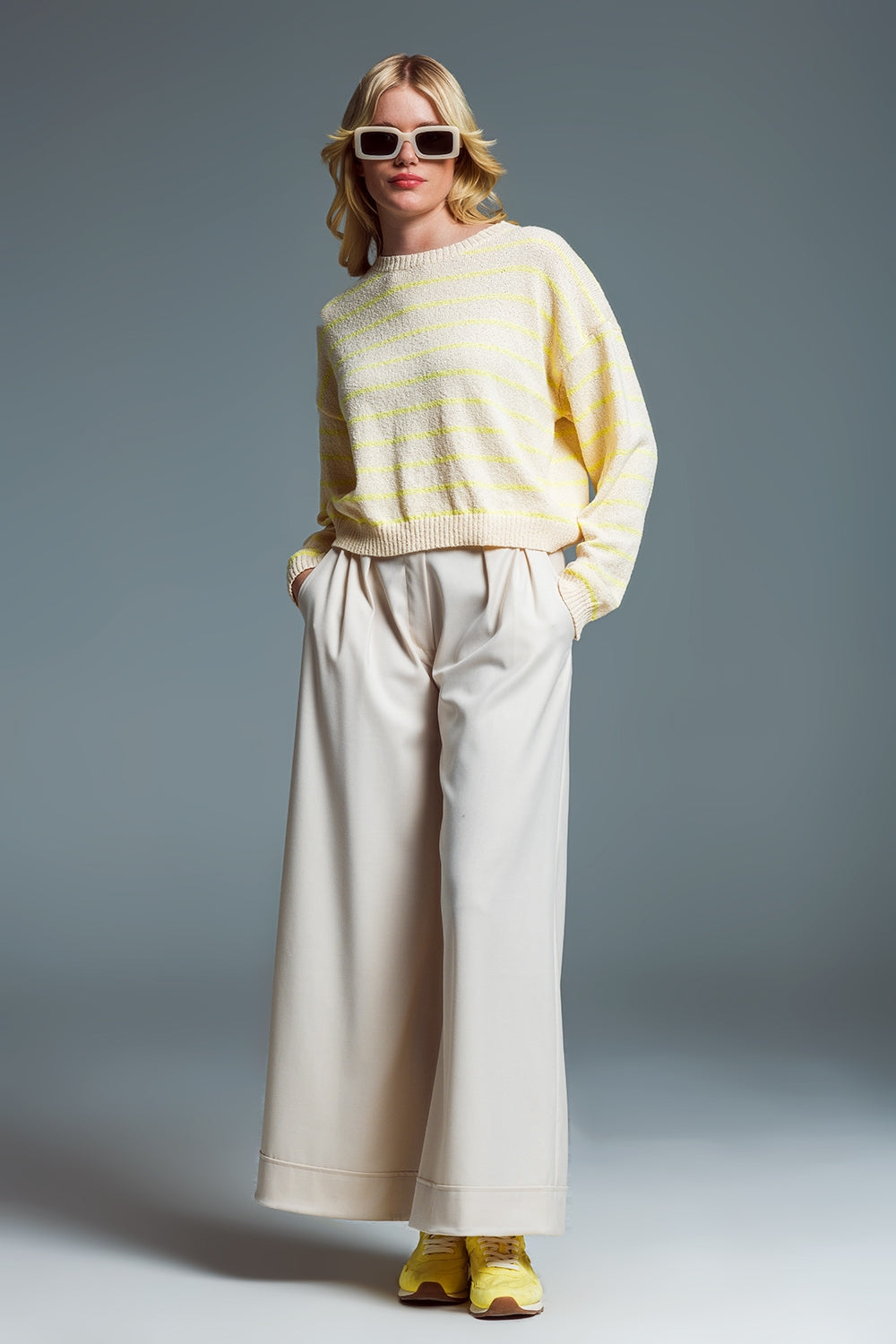 Sweater With Drop Shoulders in Beige with Yellow Stripes Q2 Sweaters BoutiqueLua