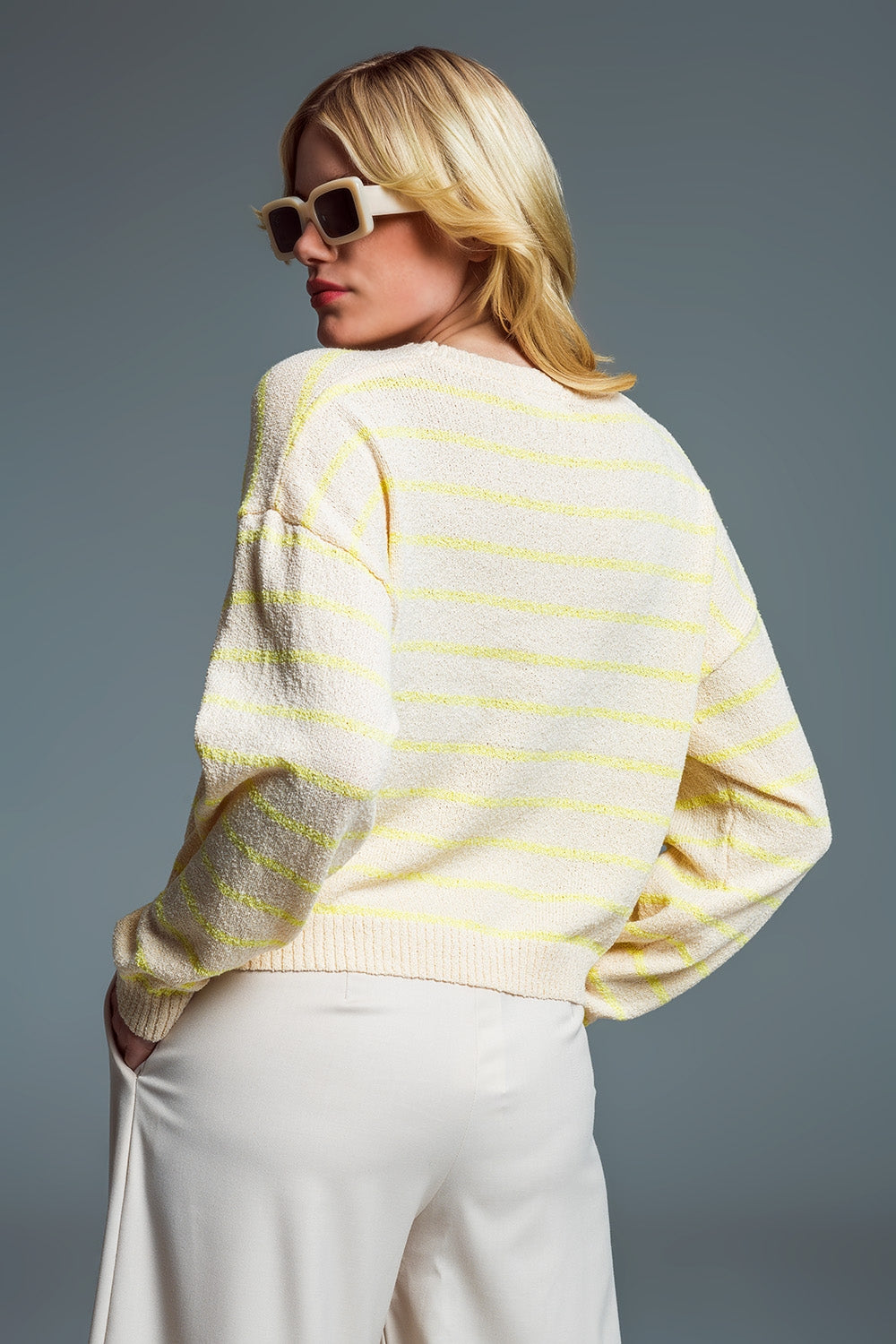 Sweater With Drop Shoulders in Beige with Yellow Stripes Q2 Sweaters BoutiqueLua