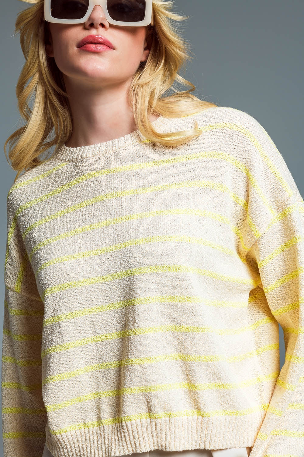 Sweater With Drop Shoulders in Beige with Yellow Stripes Q2 Sweaters BoutiqueLua