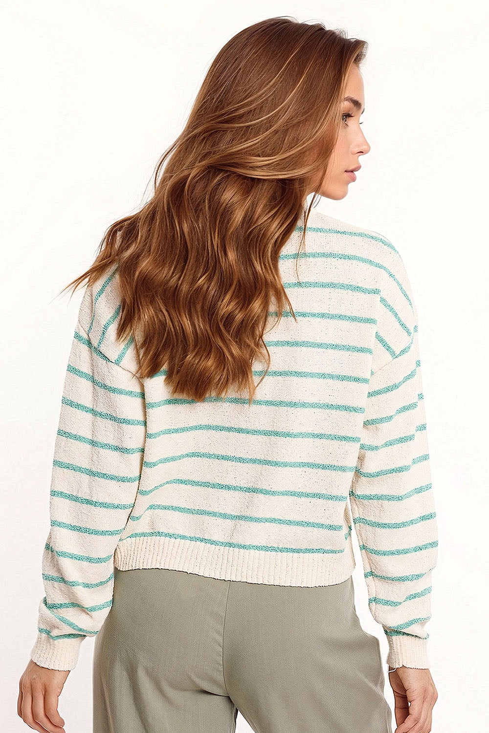 Sweater With Drop Shoulders in White with Green Stripes Q2 Sweaters BoutiqueLua