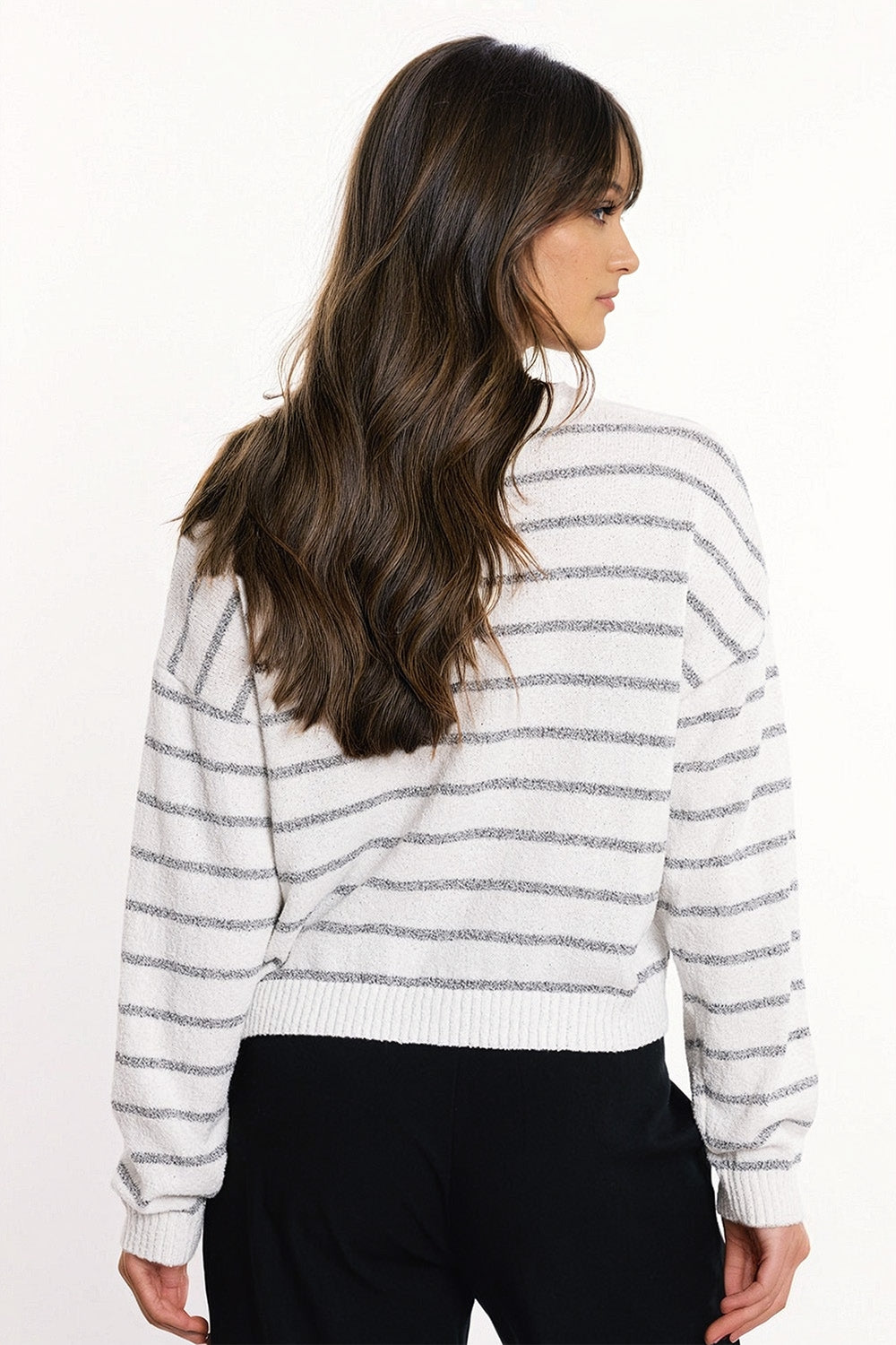 Sweater With Drop Shoulders in White with Grey Stripes Q2 Sweaters BoutiqueLua