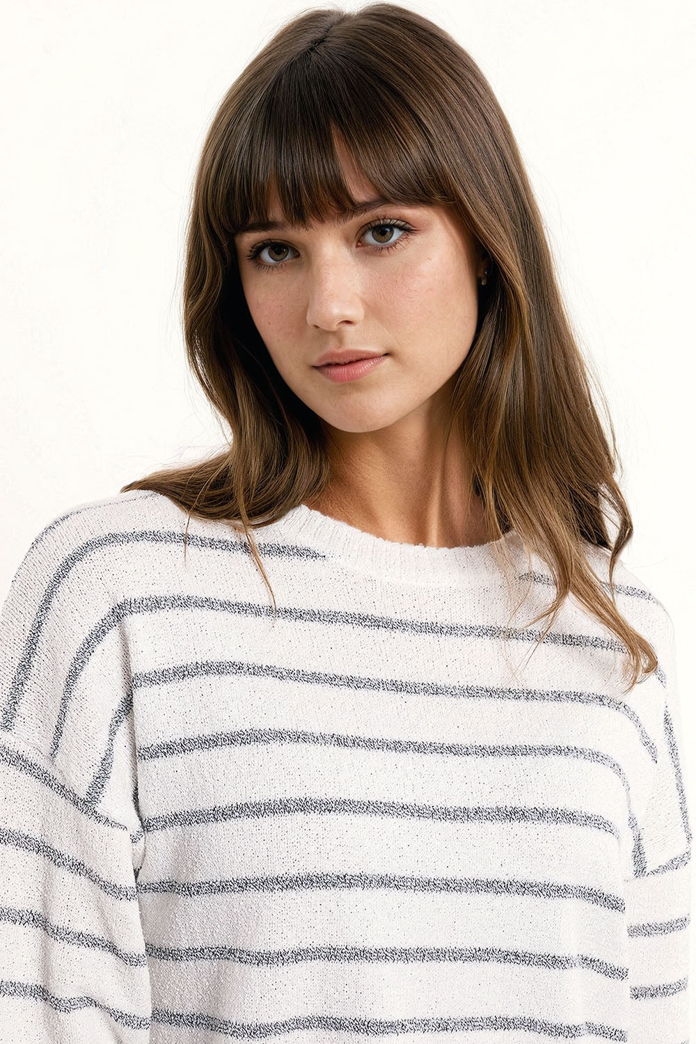 Sweater With Drop Shoulders in White with Grey Stripes Q2 Sweaters BoutiqueLua