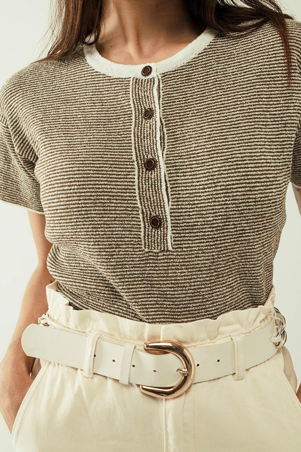 sweater with khaki stripes and gold button closure Q2 Sweaters BoutiqueLua