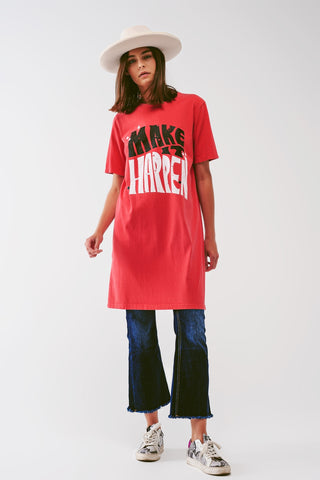 Vestido T-shirt com texto Make It Happen em vermelho