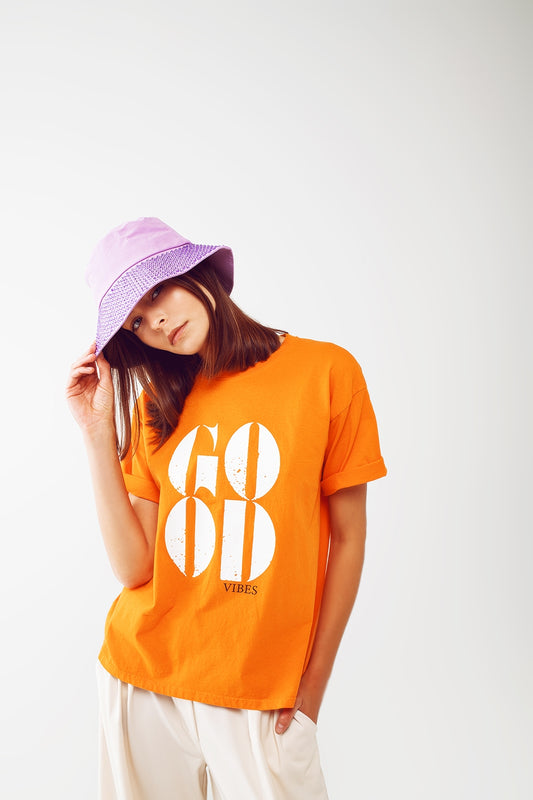 Q2 T-shirt With Good Vibes Text In Orange