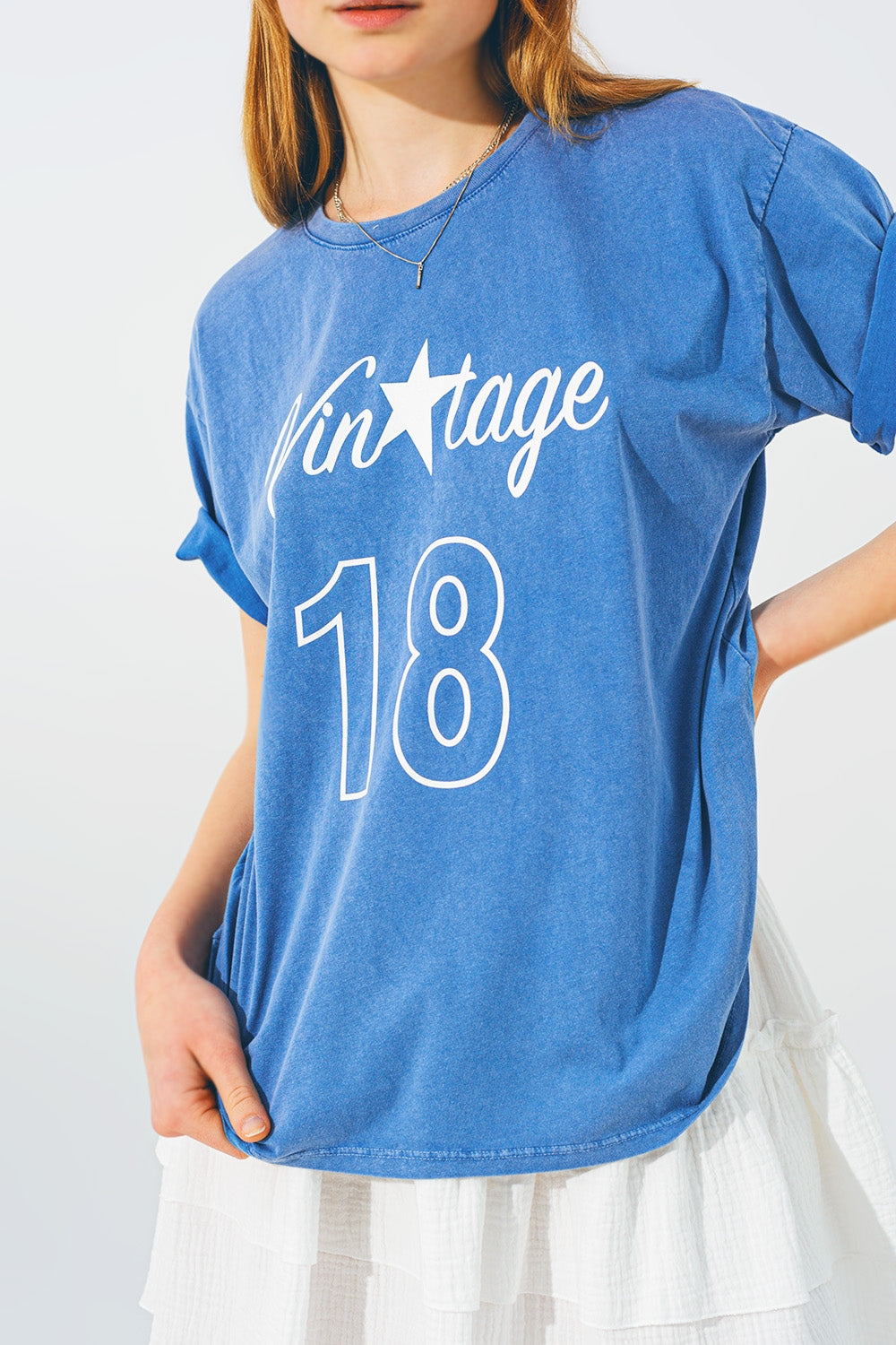 T-Shirt with Vintage 18 Text in Blue Q2 Tops BoutiqueLua
