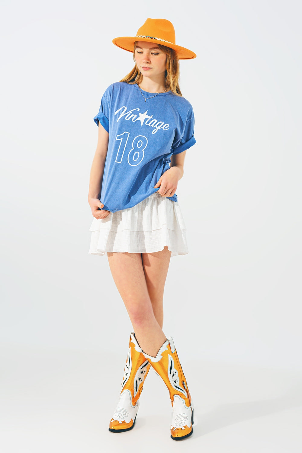 T-Shirt with Vintage 18 Text in Blue Q2 Tops BoutiqueLua