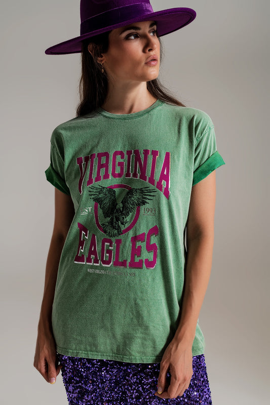 T-shirt with Virginia Eagles Text in Green Q2 Tops BoutiqueLua