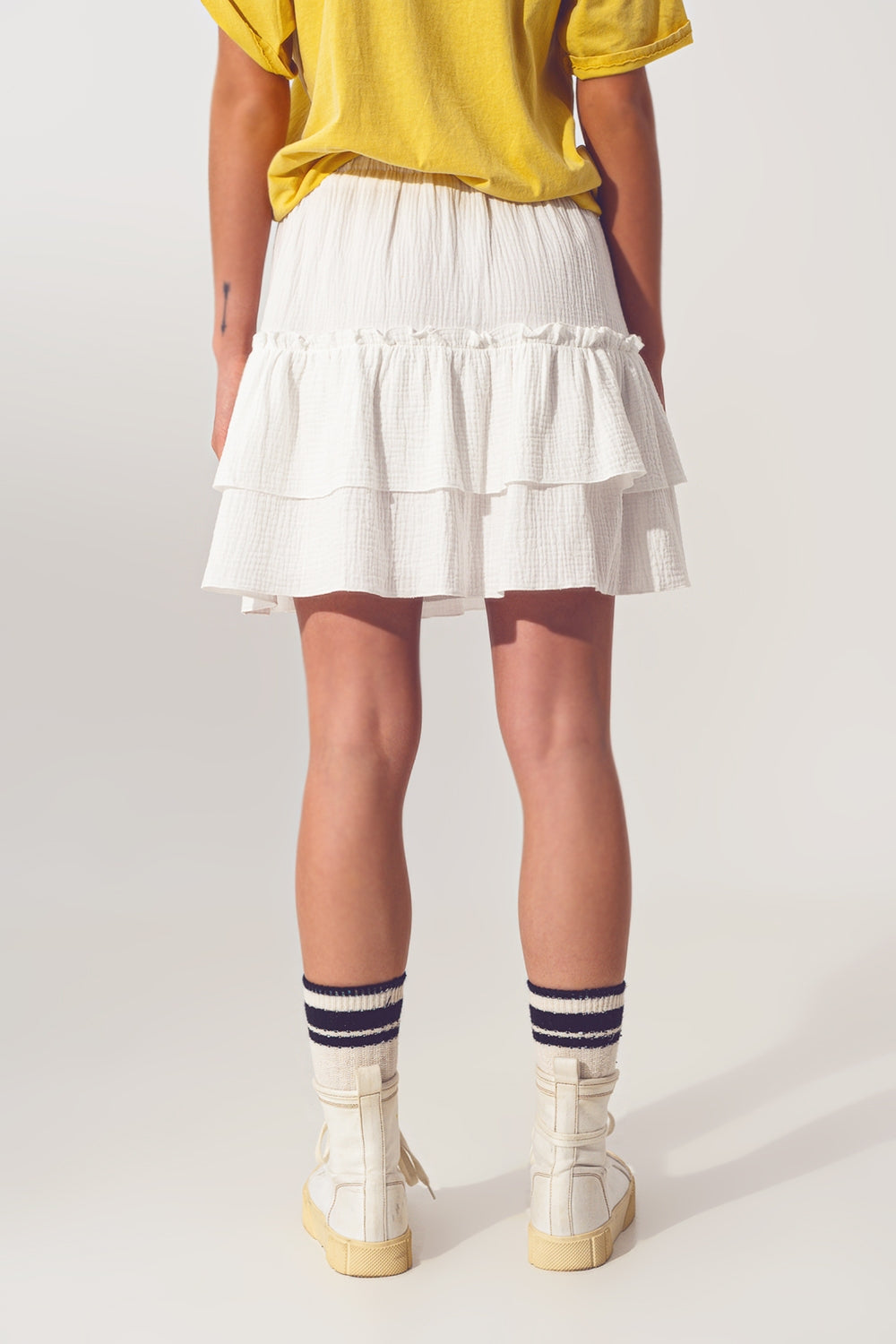 Textured Ruffle Mini Skirt in White Q2 Skirts BoutiqueLua