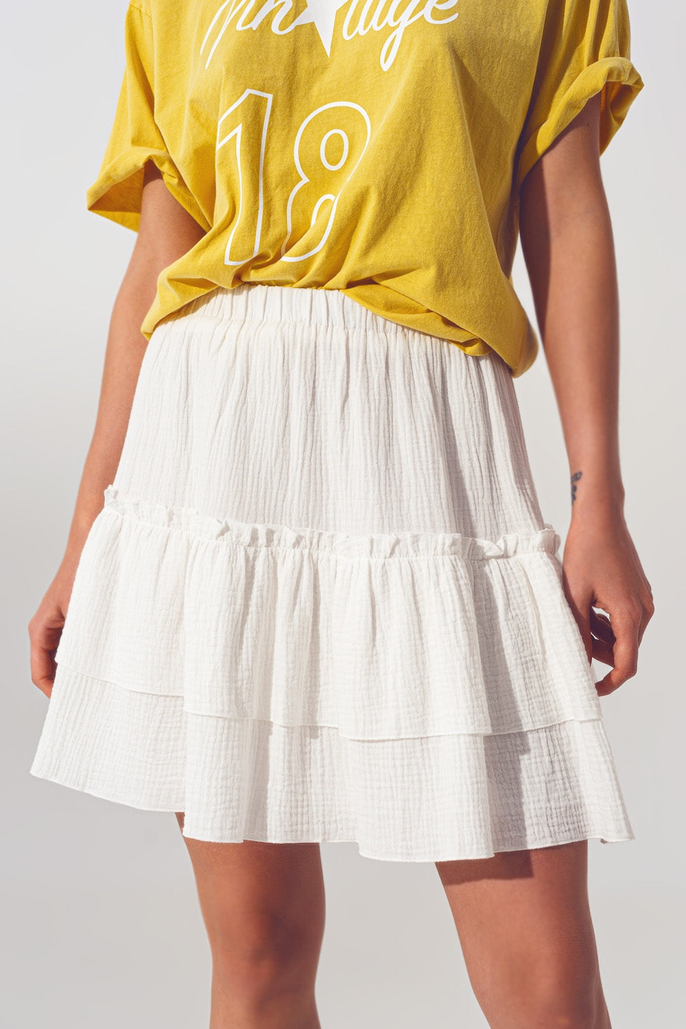 Textured Ruffle Mini Skirt in White Q2 Skirts BoutiqueLua