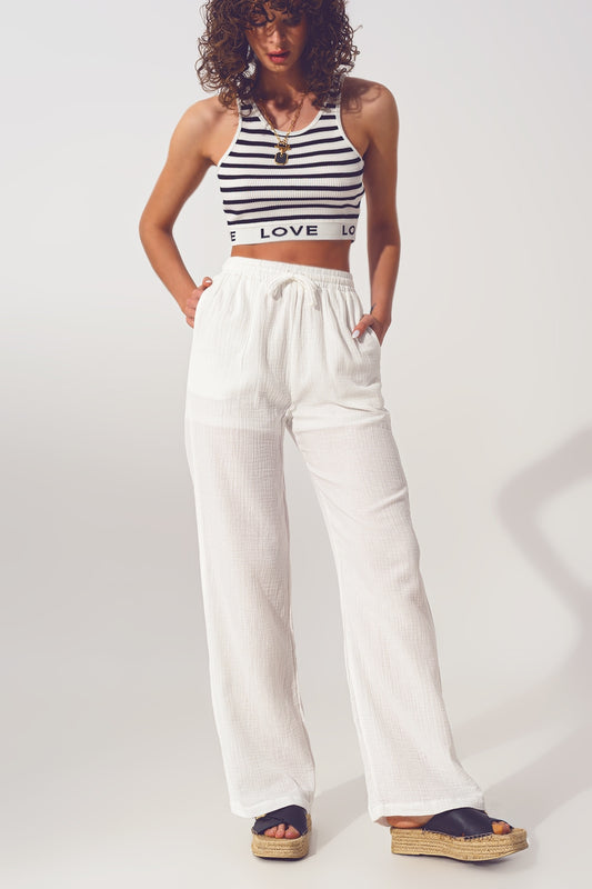 Q2 Textured Wide Leg Pants in White