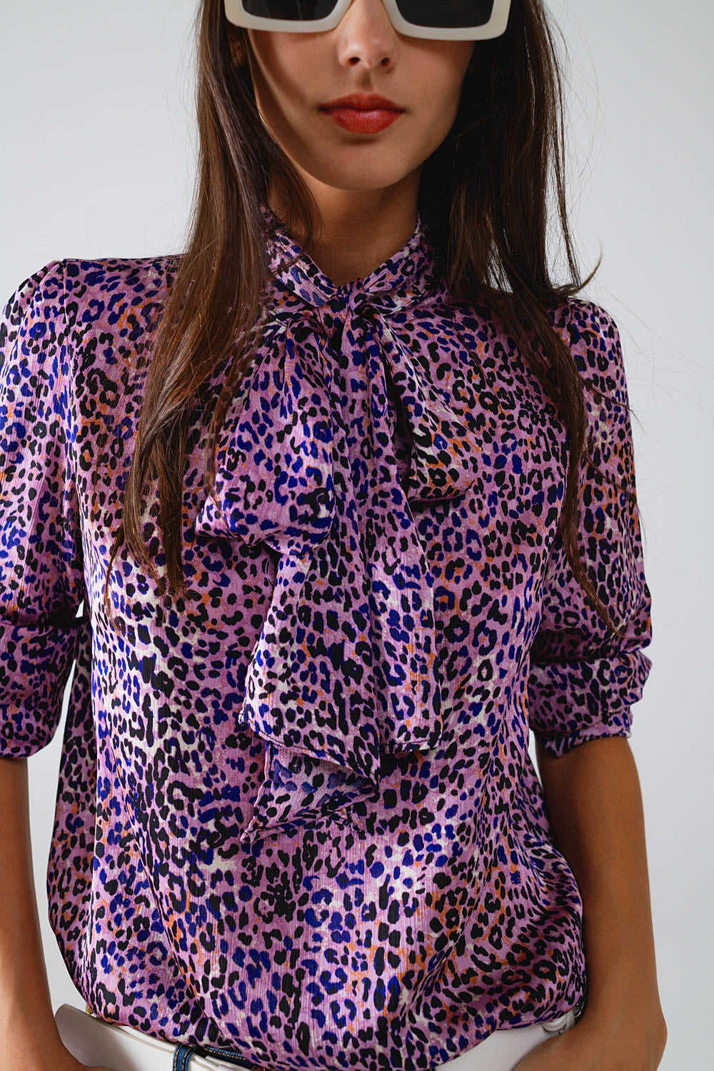 Tie At The Neck Animal Print Purple Blouse Q2 Shirts BoutiqueLua