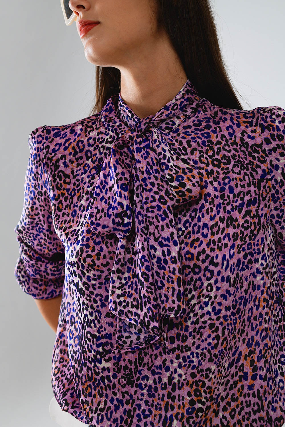 Tie At The Neck Animal Print Purple Blouse Q2 Shirts BoutiqueLua