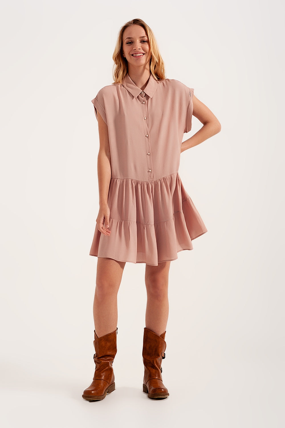 Tiered hem shirt dress in light pink Q2 Dresses BoutiqueLua