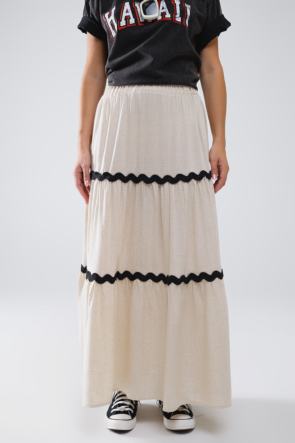 Tiered Linen maxi Skirt With Contrast Scallop Trim in Beige Q2 Skirts BoutiqueLua