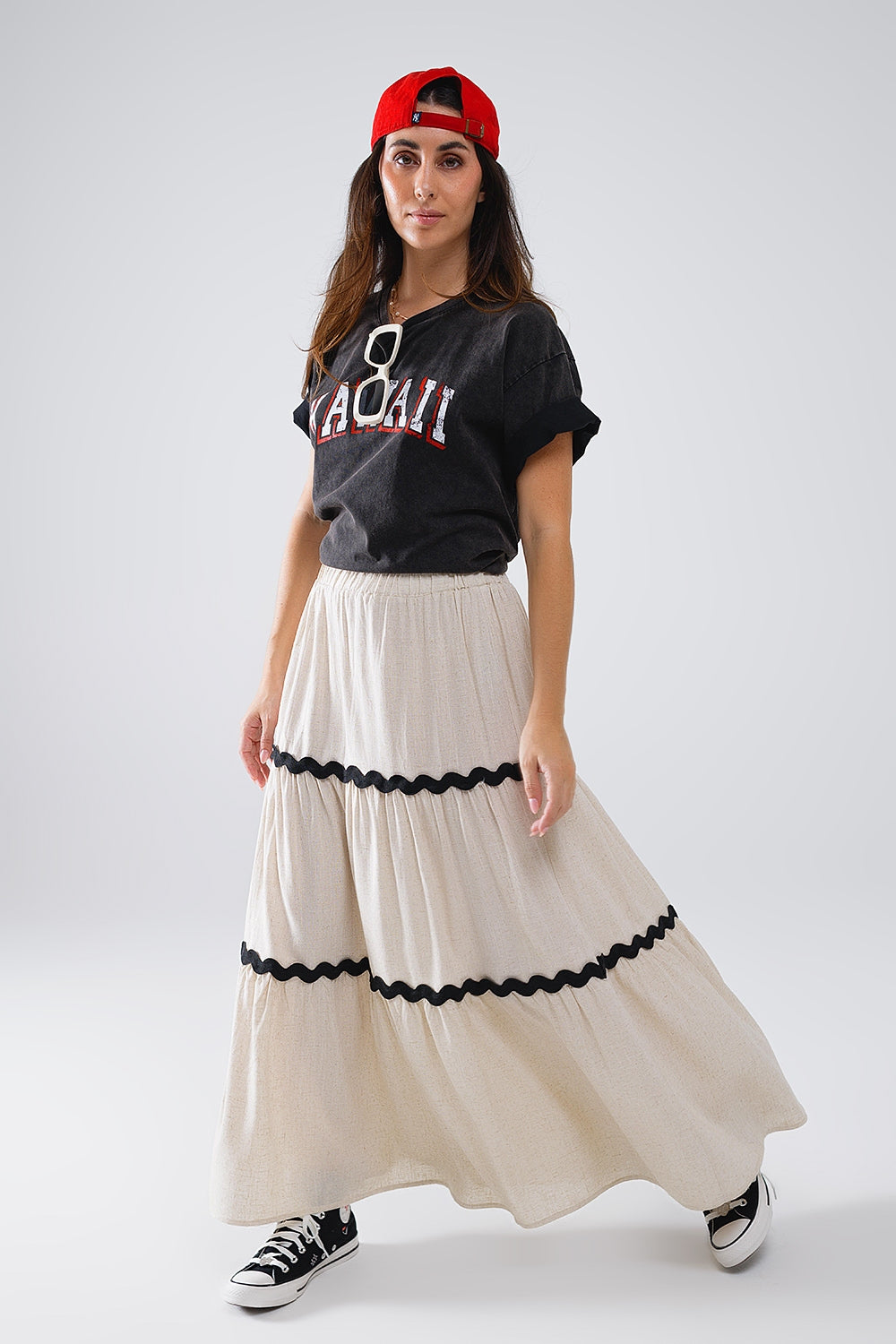 Tiered Linen maxi Skirt With Contrast Scallop Trim in Beige Q2 Skirts BoutiqueLua