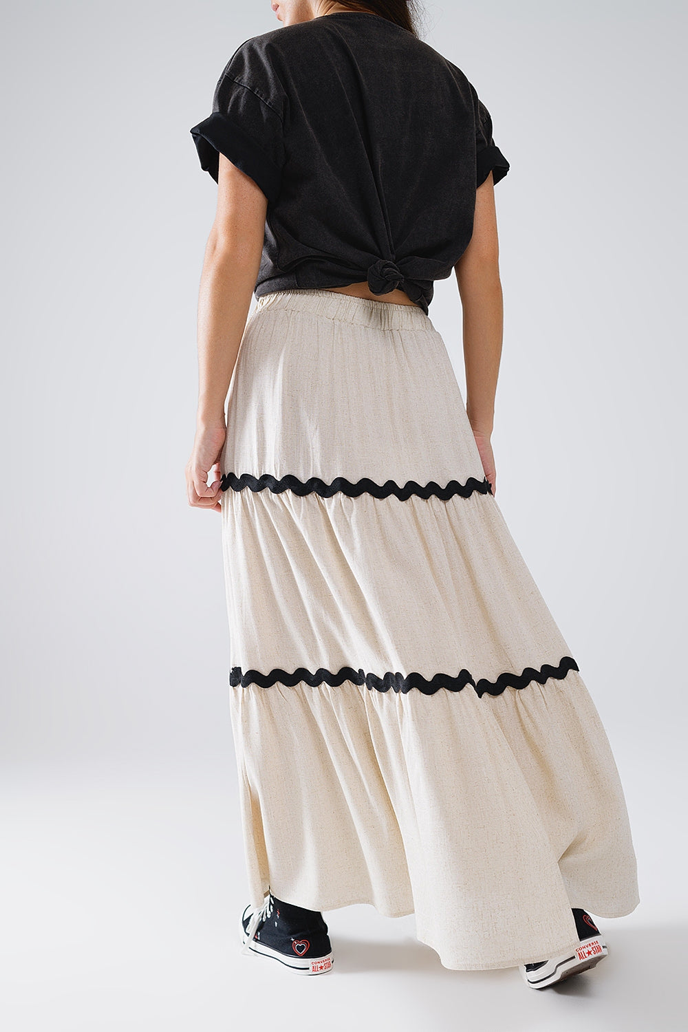 Tiered Linen maxi Skirt With Contrast Scallop Trim in Beige Q2 Skirts BoutiqueLua