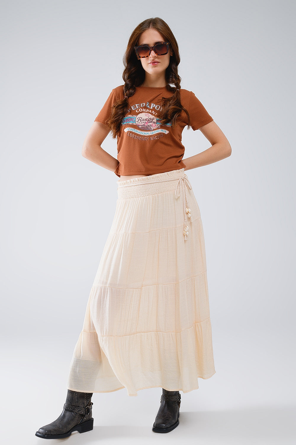 Tiered Maxi Skirt In Beige With Elastic Waist And Shell Details Q2 Skirts BoutiqueLua