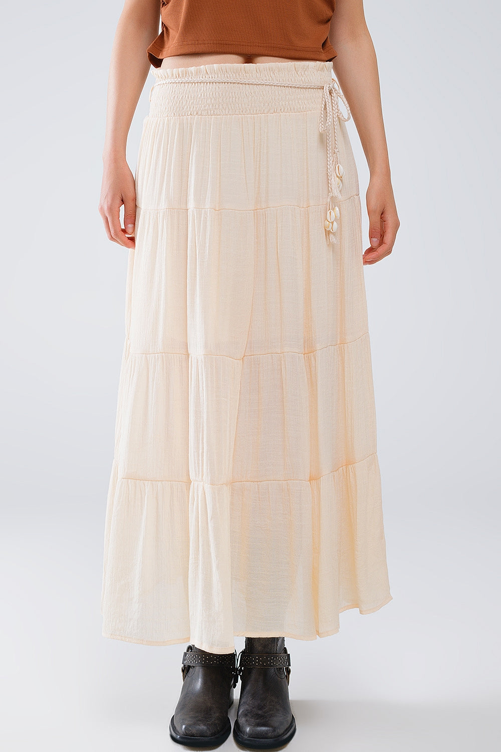 Tiered Maxi Skirt In Beige With Elastic Waist And Shell Details Q2 Skirts BoutiqueLua