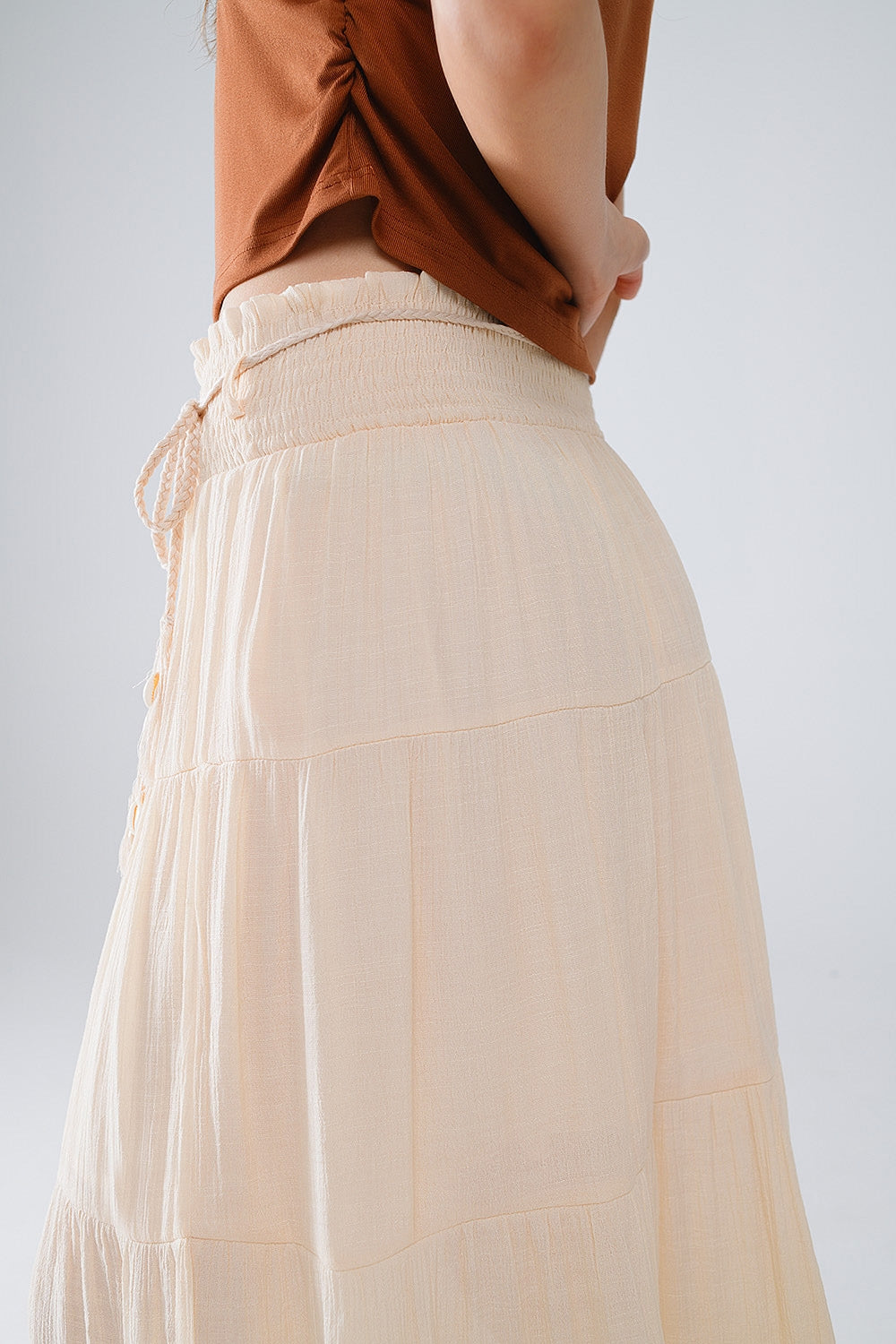 Tiered Maxi Skirt In Beige With Elastic Waist And Shell Details Q2 Skirts BoutiqueLua