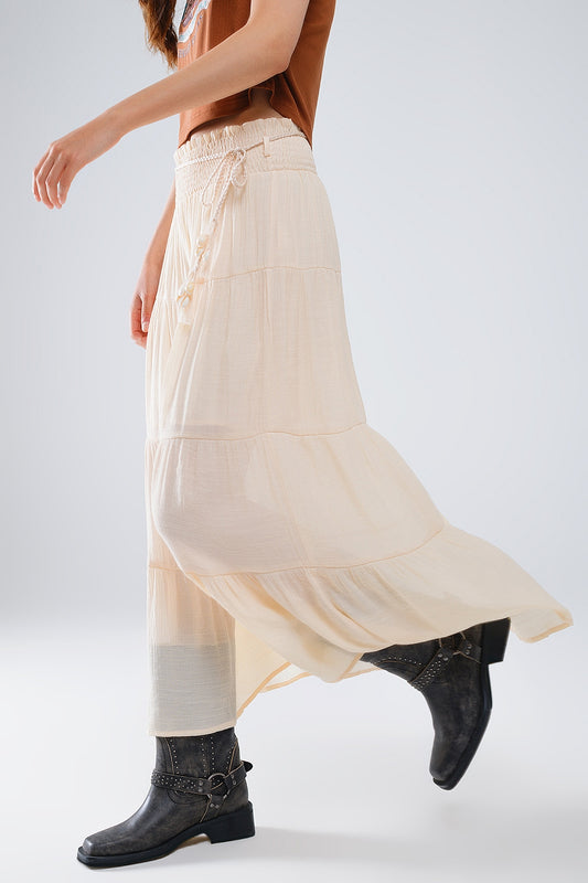 Tiered Maxi Skirt In Beige Wtih Elastic Waist And Shell Details Q2 Skirts BoutiqueLua