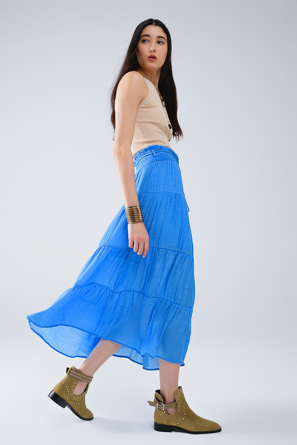 Tiered Maxi Skirt In Blue With Elastic Waist And Shell Details Q2 Skirts BoutiqueLua