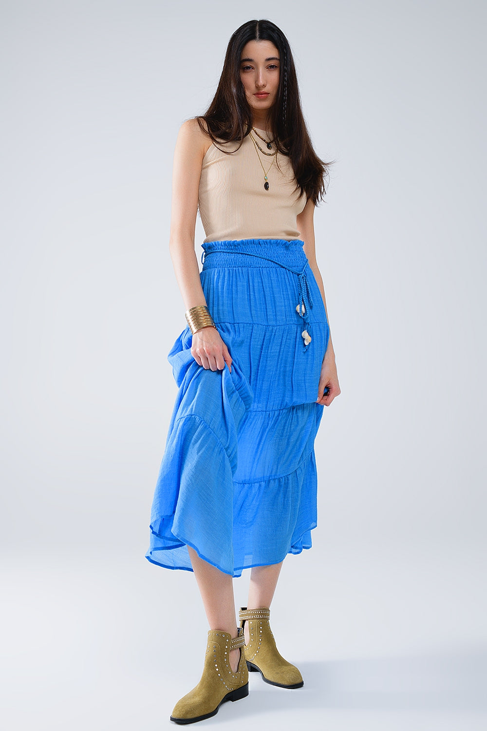 Tiered Maxi Skirt In Blue With Elastic Waist And Shell Details Q2 Skirts BoutiqueLua