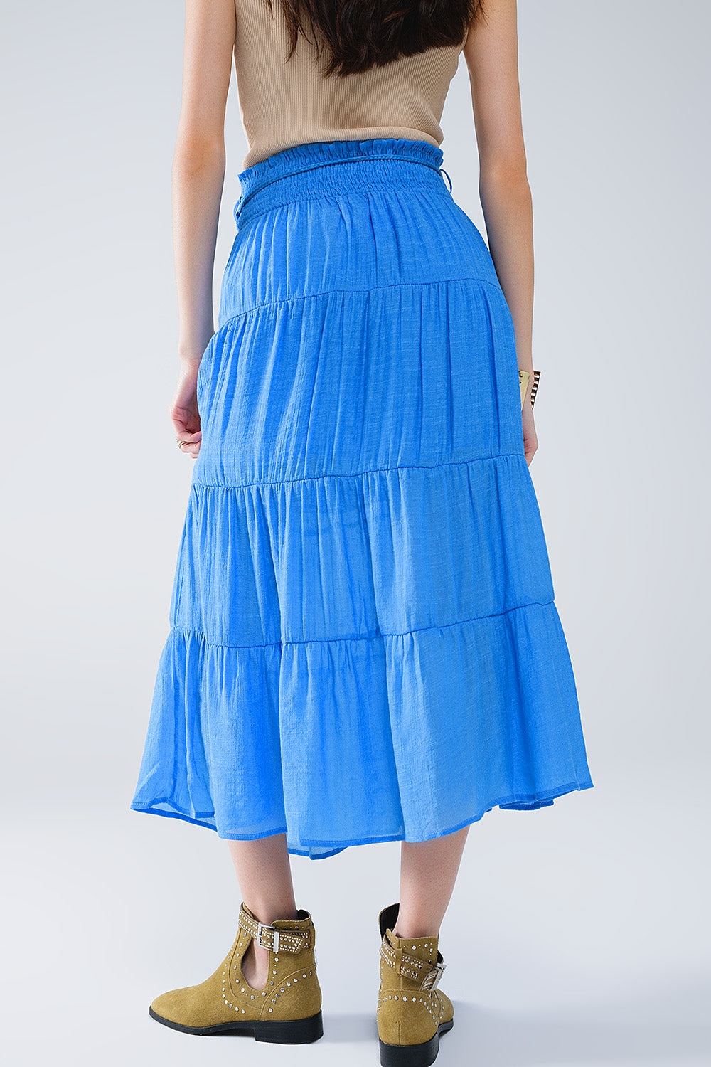 Tiered Maxi Skirt In Blue With Elastic Waist And Shell Details Q2 Skirts BoutiqueLua