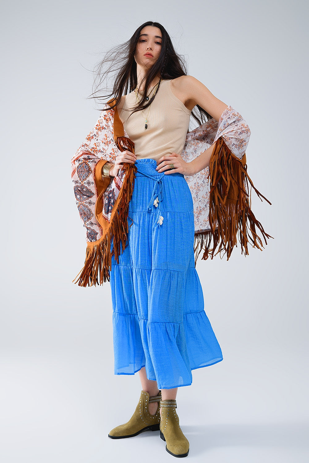 Tiered Maxi Skirt In Blue With Elastic Waist And Shell Details Q2 Skirts BoutiqueLua