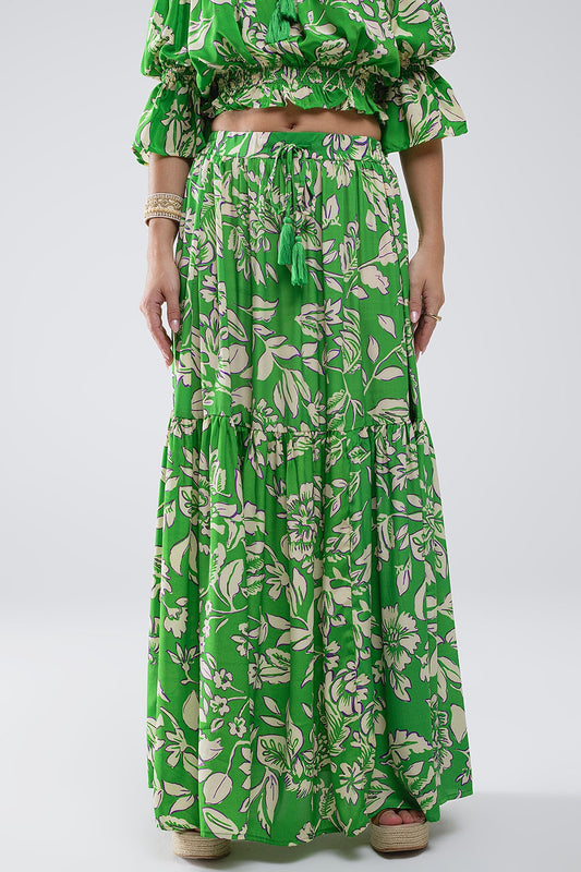 Q2 Tiered Maxi Skirt In Green Floral Print