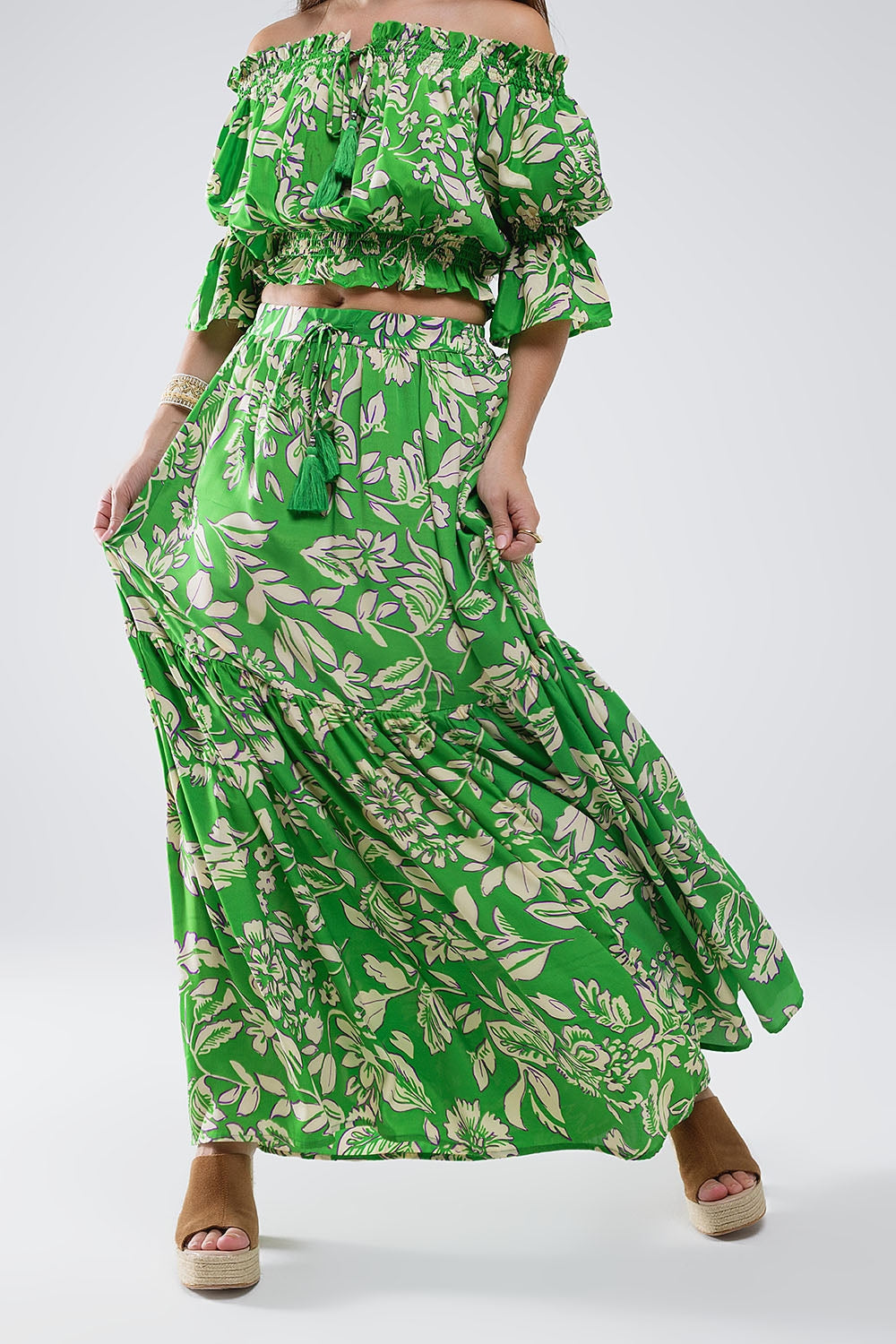 Tiered Maxi Skirt In Green Floral Print Q2 Skirts BoutiqueLua