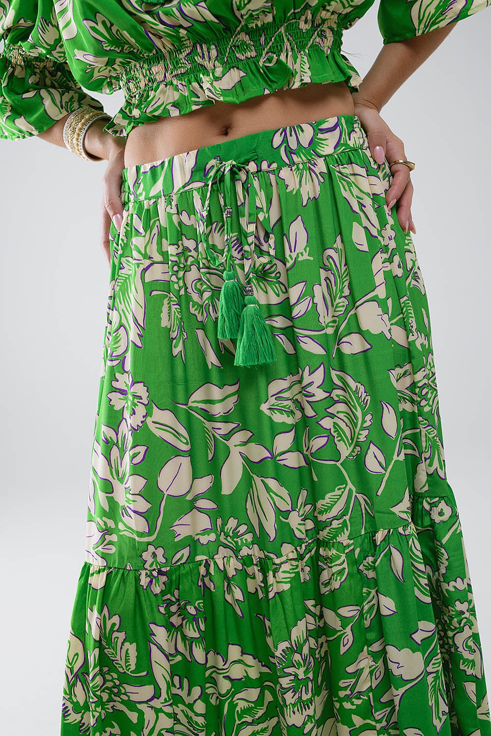 Tiered Maxi Skirt In Green Floral Print Q2 Skirts BoutiqueLua