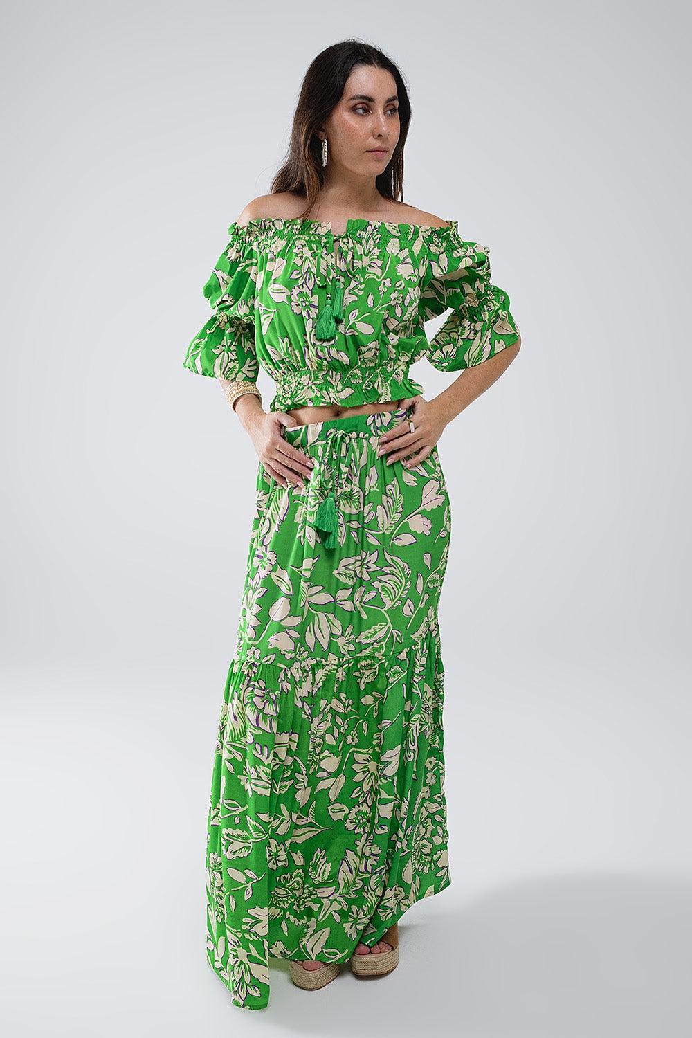 Tiered Maxi Skirt In Green Floral Print Q2 Skirts BoutiqueLua