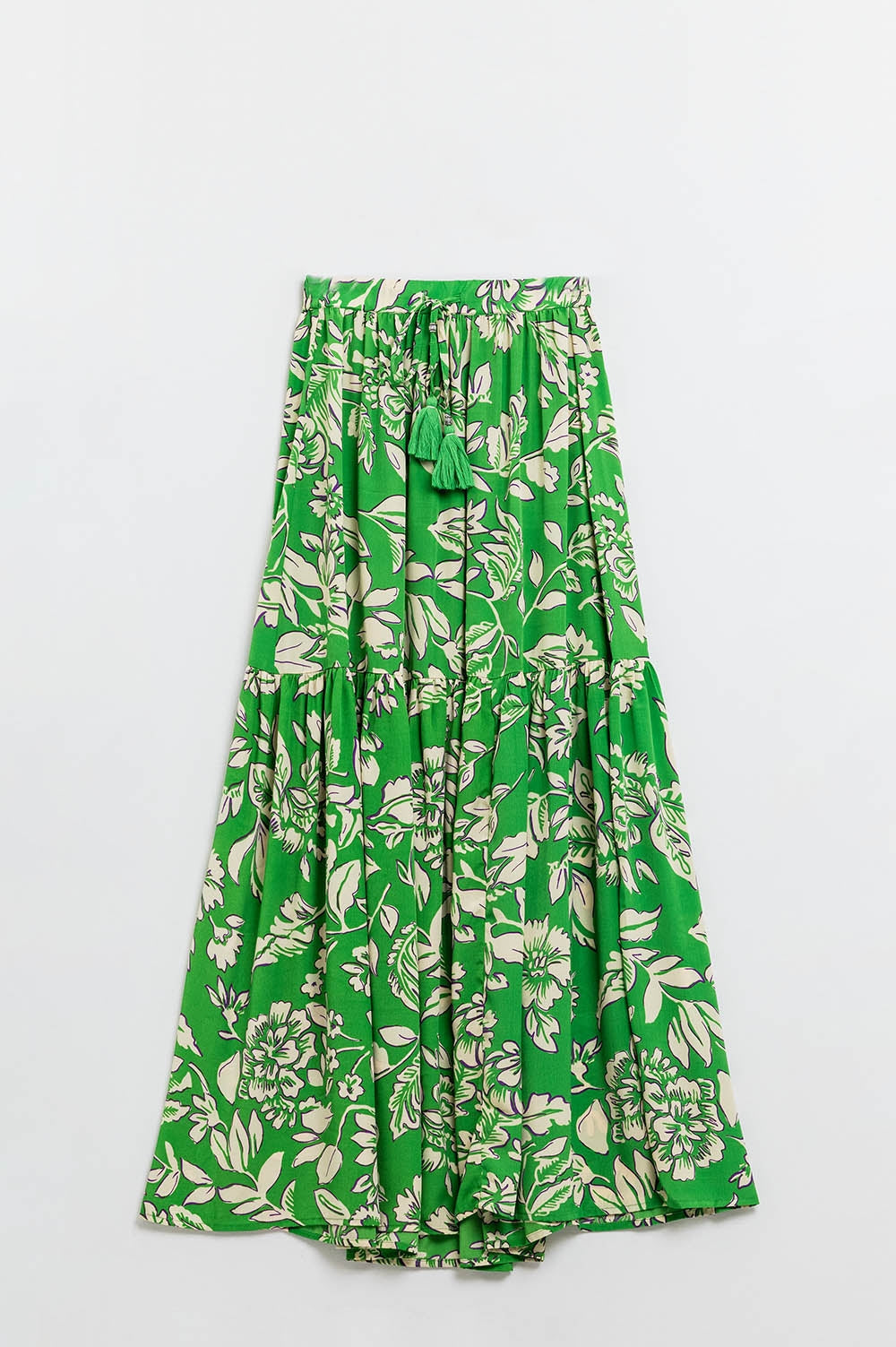 Tiered Maxi Skirt In Green Floral Print Q2 Skirts BoutiqueLua