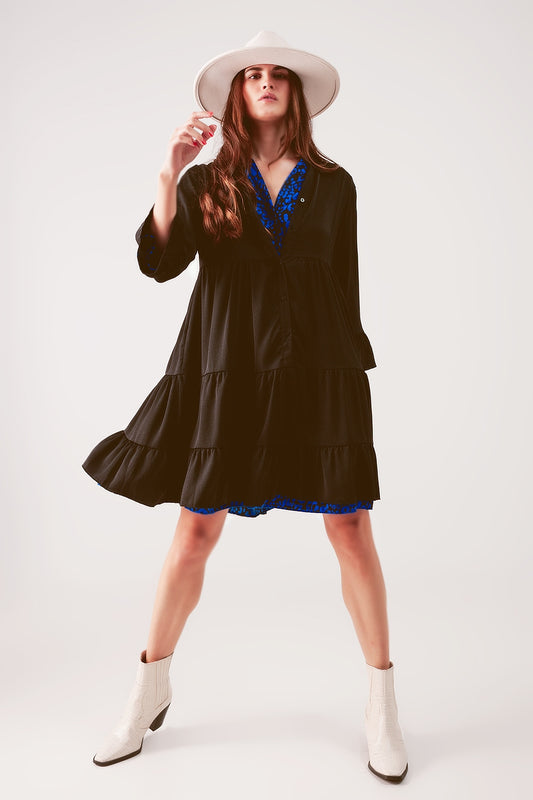 Q2 Tiered smock mini dress in black