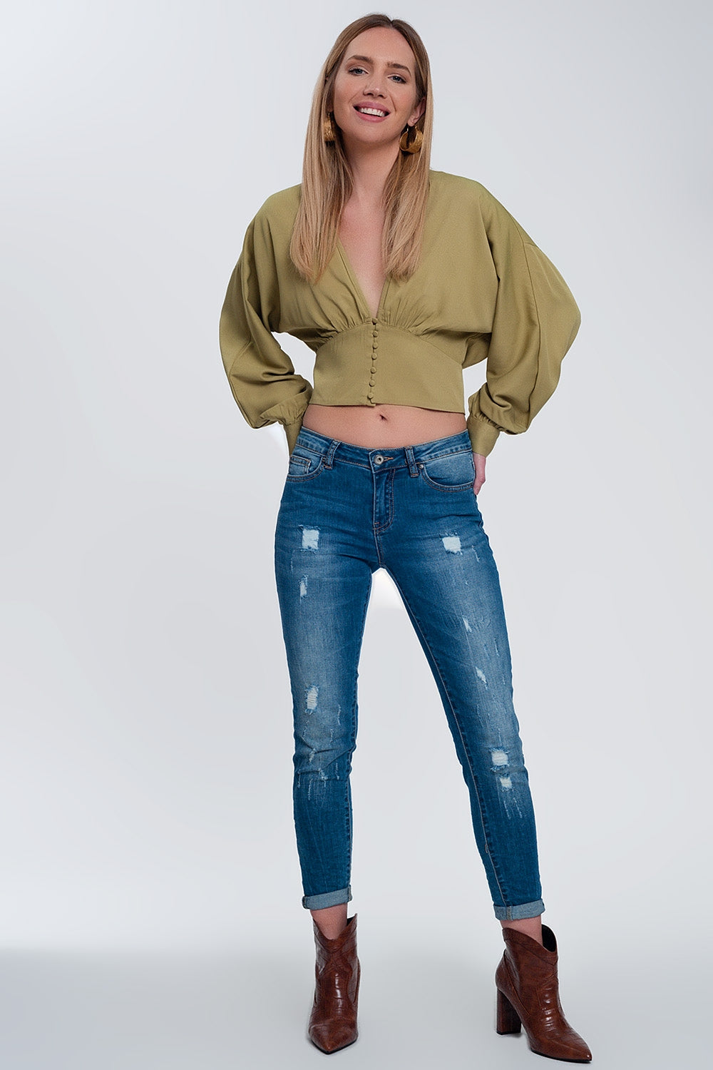 Top with puff sleeves in green Q2 Shirts BoutiqueLua