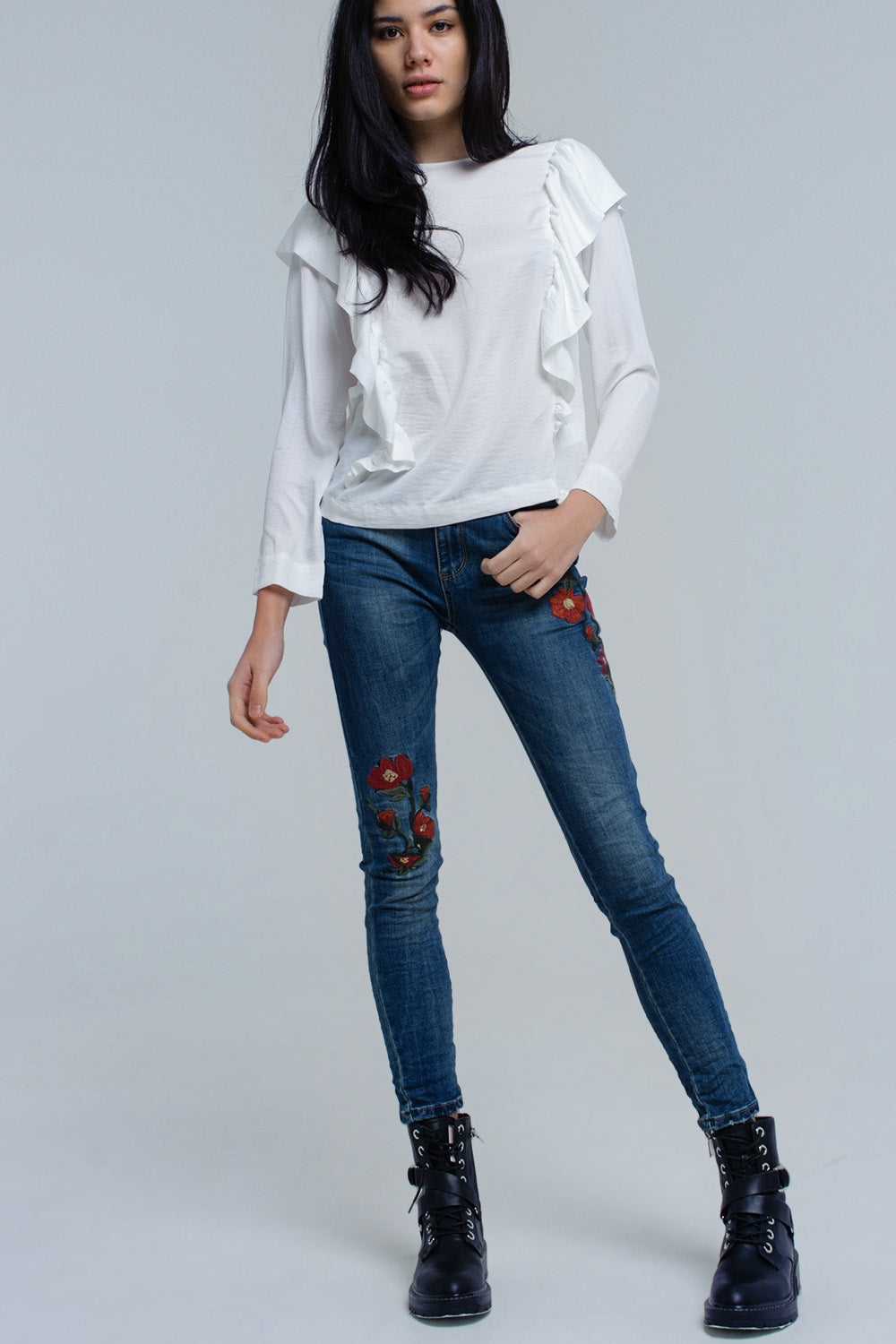 Top with ruffle detail in cream Q2 Shirts BoutiqueLua